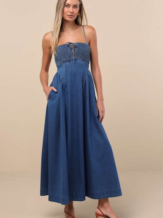 Lulus Dresses & Skirts - Lulus Laylie Medium Wash Denim Lace-up Midi Dress Blue - Size M